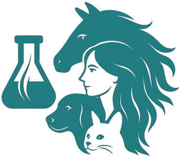Logo mit Gesichtern von Pferd, Mensch, Hund und Katze, davor ein Laborutensilien