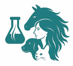 Logo mit Gesichtern von Pferd, Mensch, Hund und Katze, davor ein Laborutensilien